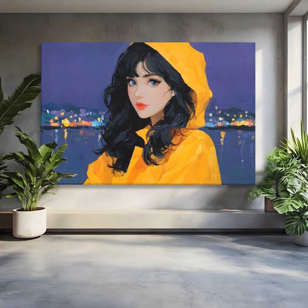 Tablou canvas cu tablou canvas cu femeie in pelerina galben, fara rama, pe sasiu de lemn